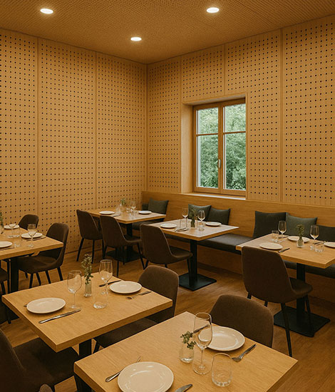 Anwendungsbereich Restaurant und Hotel für Akustikplatten von Holz Akustik Brandstetter